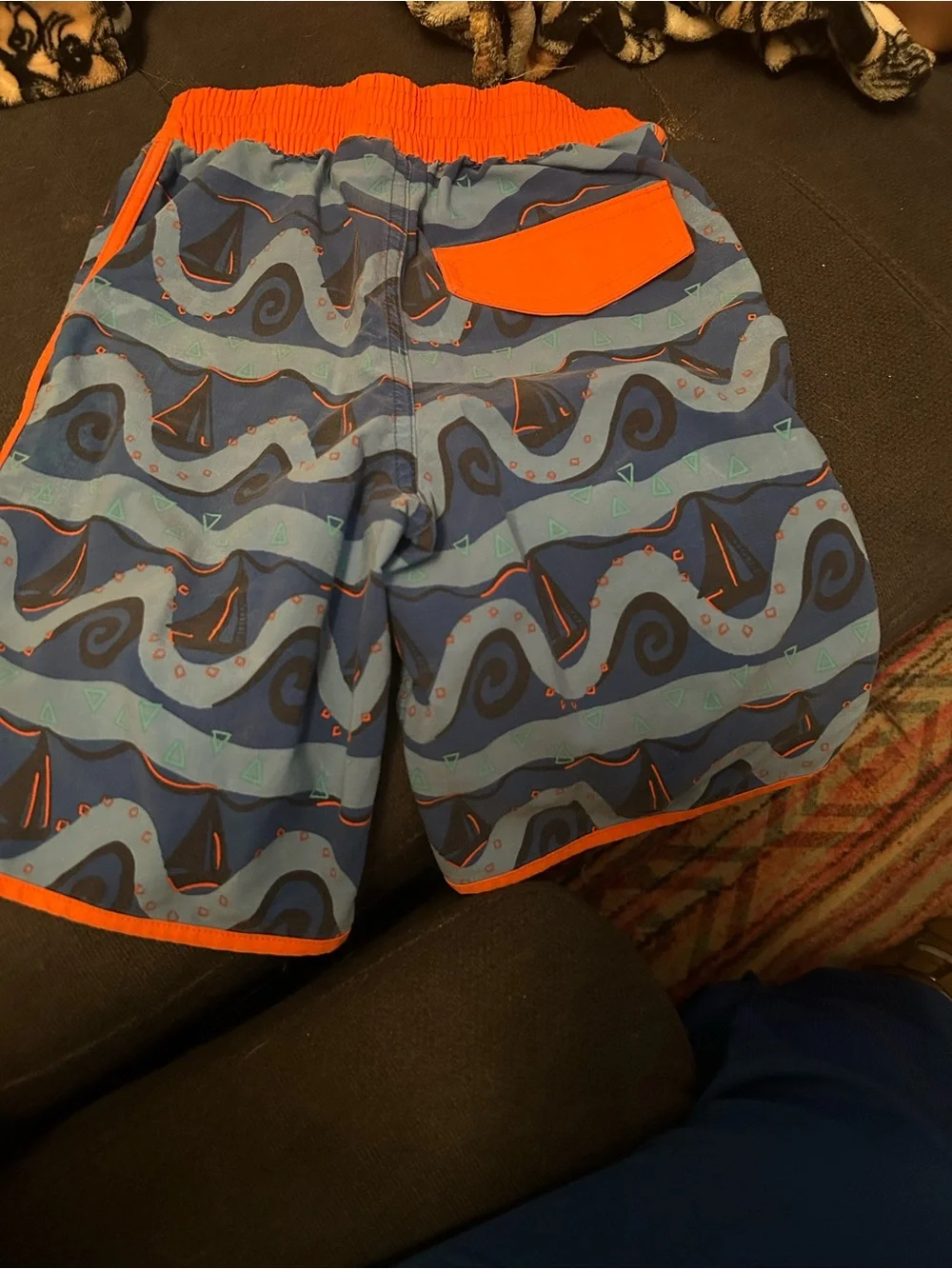 Hanna Anderson Size 8 Blue Wave Print Swim Shorts with Orange Trim